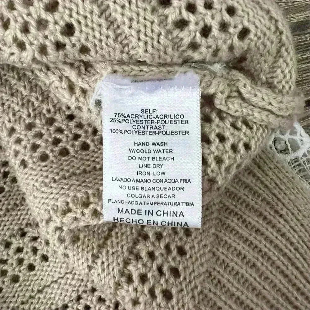 Listicle Floral Lace Sleeve Tan Knit Sweater Top Size Medium - Picture 4 of 7